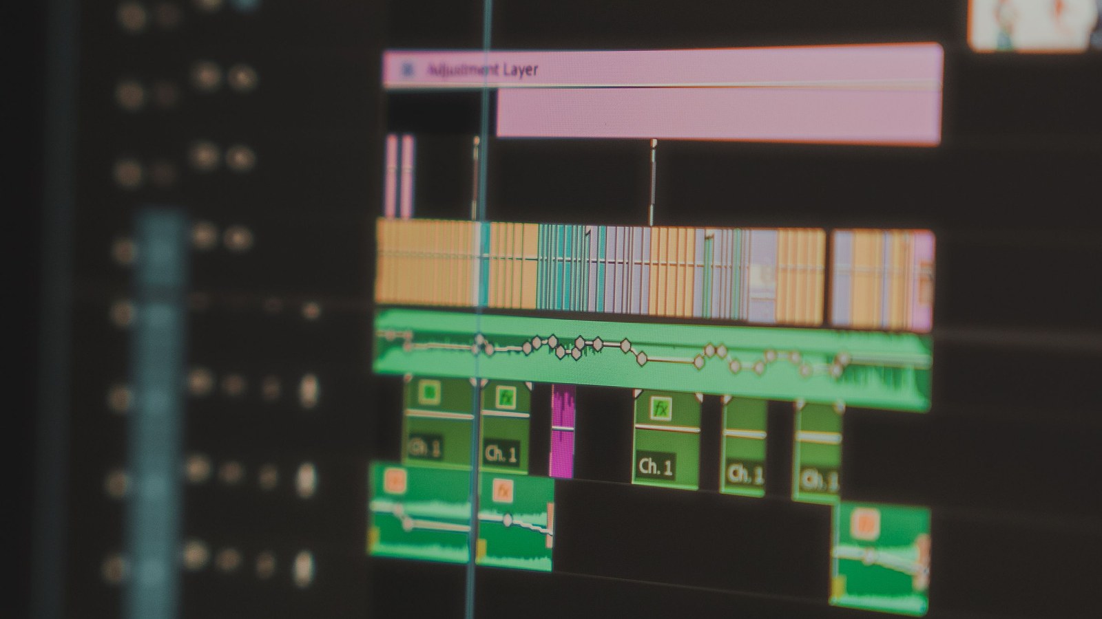 Detailed video editing timeline with clips and audio tracks